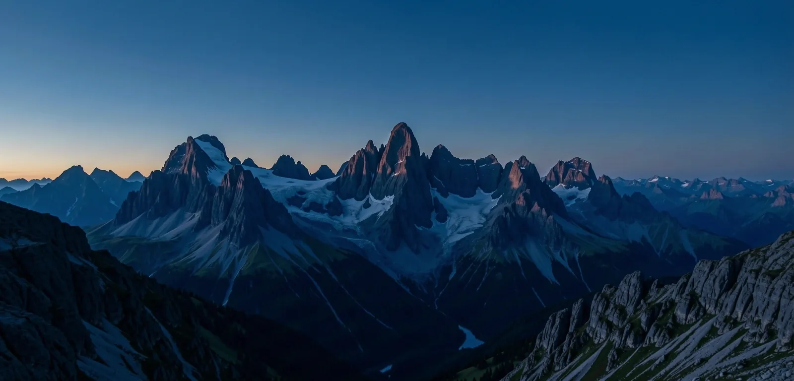 Alpine peaks at dusk